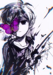 Rule 34 | 1boy, black eyes, black hair, bug, butterfly, closed mouth, collarbone, colored skin, expressionless, insect, looking at viewer, omori, omori (omori), patient51311752, short hair, solo, upper body, white skin