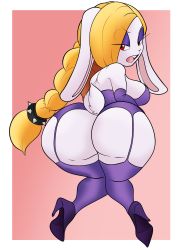 Rule 34 | 1girl, absurdres, ass, blonde hair, boots, braid, breasts, elbow gloves, furry, furry female, garter belt, garter straps, gloves, hariet (mario), high heel boots, high heels, highres, huge ass, mario (series), marshallleea, nintendo, purple thighhighs, rabbit, red eyes, solo, super mario bros. 1, super mario odyssey, thecon, thigh boots, thighhighs