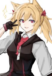 Rule 34 | 1girl, :d, absurdres, ahoge, animal ears, arknights, black dress, black gloves, blonde hair, dress, gloves, hair ribbon, hand up, highres, long hair, looking at viewer, open mouth, rain (rain8649), red eyes, red ribbon, ribbon, shirt, simple background, smile, solo, sora (arknights), twintails, upper body, v, white background, white shirt, wolf ears