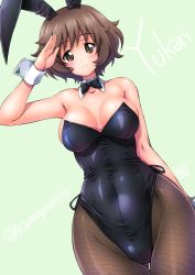 Rule 34 | 1girl, akiyama yukari, animal ears, bare shoulders, black leotard, blue background, blush, breasts, breasts apart, brown eyes, brown hair, character name, closed mouth, commentary request, covered navel, cowboy shot, detached collar, fake animal ears, girls und panzer, hair between eyes, impossible clothes, impossible leotard, kamogawa tanuki, large breasts, legs together, leotard, looking at viewer, messy hair, pantyhose, playboy bunny, rabbit ears, salute, shiny clothes, shiny skin, short hair, simple background, smile, solo, strapless, strapless leotard, thighs, wrist cuffs