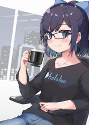 Rule 34 | 1girl, a-chan (hololive), black-framed eyewear, black shirt, blue bow, blue hair, blue pants, blush, bow, breasts, chair, city, closed mouth, clothes writing, coffee cup, collarbone, commentary, copyright name, cowboy shot, cup, denim, disposable cup, glasses, hair bow, highres, holding, holding cup, hololive, indoors, jeans, looking at viewer, pants, ponytail, purin a la mode (popup), shirt, short hair, sitting, small breasts, smile, solo, steam, v-neck, virtual youtuber, window