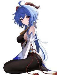 Rule 34 | 1girl, bare shoulders, bell, black bodysuit, black legwear, blue hair, bodysuit, breasts, cowbell, detached sleeves, from side, full body, ganyu (genshin impact), genshin impact, goat horns, gradient eyes, highres, horns, large breasts, long hair, looking at viewer, looking to the side, multicolored eyes, myanja, neck bell, no bra, no shoes, parted lips, red eyes, seiza, sideboob, simple background, sitting, soles, solo, tassel, white background, yellow eyes