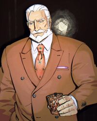 Rule 34 | 1boy, alcohol, bara, beard, blue eyes, business suit, cup, drinking glass, facial hair, formal, handkerchief, highres, holding, jp (street fighter), large pectorals, long hair, male focus, mature male, muscular, muscular male, mustache, necktie, pectorals, ponytail, sa1k0p, shirt, solo, street fighter, street fighter 6, suit, thick eyebrows, thick mustache, white hair, white shirt