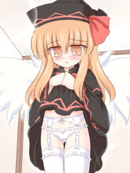 Rule 34 | 1girl, blonde hair, blush, clothes lift, dress, dress lift, female focus, garter belt, hat, lily black, lily white, long hair, panties, ry (yagoyago), solo, thighhighs, touhou, underwear, wings, yellow eyes