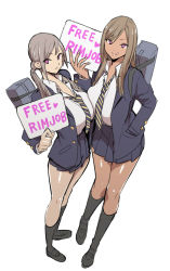 Rule 34 | 2girls, :q, black footwear, black legwear, blazer, breasts, brown hair, commentary request, diagonal-striped neckwear, free rimjob, free sex sign, full body, gyaru, hair over shoulder, hand in pocket, heart, heart-shaped pupils, holding, holding sign, huge breasts, jacket, kogal, loafers, long hair, looking at viewer, loose necktie, multiple girls, necktie, original, parted bangs, pleated skirt, prostitution, purple eyes, school uniform, shoes, sign, simple background, sketch, skirt, socks, standing, striped neckwear, symbol-shaped pupils, tan, tongue, tongue out, twintails, velzhe, white background