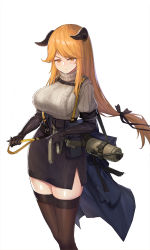 Rule 34 | 1girl, aran sweater, arknights, arm belt, black bow, black gloves, black skirt, black thighhighs, blush, bow, breasts, cable knit, elbow gloves, frown, gloves, hair bow, hair flaps, high-waist skirt, highres, horns, large breasts, long hair, long sleeves, low-tied long hair, meteorite (arknights), miniskirt, orange eyes, orange hair, parted bangs, pencil skirt, pouch, ribbed sweater, side slit, skirt, solo, sweater, thighhighs, very long hair, white background, white sweater, wind, xian yu mo ren, zettai ryouiki