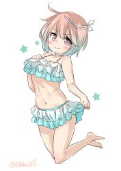 Rule 34 | 10s, 1girl, alternate costume, aqua bikini, bad id, bad twitter id, bare arms, bare legs, bare shoulders, barefoot, bikini, blue one-piece swimsuit, blush, closed mouth, collarbone, ebifurya, eyebrows, frilled swimsuit, frills, full body, gradient hair, hair ornament, hand on own chest, highres, i-58 (kancolle), inactive account, kantai collection, looking at viewer, multicolored hair, navel, one-piece swimsuit, pink eyes, pink hair, short hair, simple background, smile, solo, star (symbol), stomach, swimsuit, twitter username, two-tone hair, white background