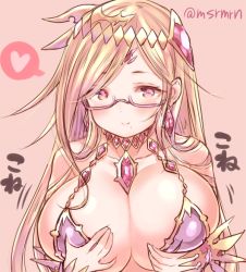 Rule 34 | 1girl, bad id, bad pixiv id, bare shoulders, bespectacled, blonde hair, blush, breast hold, breasts, cleavage, collarbone, earrings, facial mark, forehead mark, glasses, hair ornament, heart, jewelry, kali (p&amp;d), large breasts, long hair, looking at viewer, mashiro miru, mole, mole under mouth, pink background, purple-framed eyewear, purple eyes, puzzle &amp; dragons, semi-rimless eyewear, smile, solo, spoken heart, twitter username, under-rim eyewear