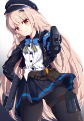 Rule 34 | 1girl, aiming, aiming at viewer, armband, black gloves, black hat, black jacket, black pantyhose, black skirt, bow, closed mouth, dual wielding, gloves, goddess of victory: nikke, gun, hair bun, hat, highres, holding, holding gun, holding weapon, jacket, long hair, long sleeves, looking at viewer, pantyhose, pleated skirt, red eyes, shirt, shirt partially tucked in, simple background, single side bun, skindentation, skirt, soline (nikke), solo, teteno tsuki, thigh strap, thighs, very long hair, weapon, white background, white hair, white shirt
