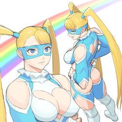 Rule 34 | 1girl, ass, ass cutout, blonde hair, blue eyes, breasts, cleavage, cleavage cutout, clothing cutout, heart cutout, large breasts, leotard, long hair, mask, noppo (tarstation), rainbow, rainbow mika, revealing clothes, street fighter, thong leotard, twintails, wrestling outfit