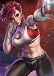 Rule 34 | 1girl, abs, arcane: league of legends, blue eyes, breasts, cleavage, dandon fuga, facial tattoo, highres, incoming attack, incoming punch, league of legends, muscular, muscular female, navel, pants, pink hair, punching, serious, shadowboxing, solo, sports bra, stomach, striped clothes, striped pants, tattoo, torn clothes, vi (league of legends), wrist wrap