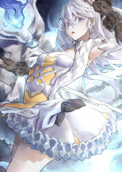 Rule 34 | 1girl, absurdres, alchemy stars, arm up, armpits, black gloves, breasts, cleavage, cross-shaped pupils, dress, feet out of frame, frilled dress, frilled wrist cuffs, frills, gloves, hair between eyes, hair ornament, highres, holding, holding staff, long hair, looking at viewer, mage staff, mia (lustrous soul) (alchemy stars), open mouth, purple eyes, shrug (clothing), signature, sleeveless, sleeveless dress, small breasts, solo, staff, statue, strapless, strapless dress, symbol-shaped pupils, van.elv, white dress, white hair, wrist cuffs