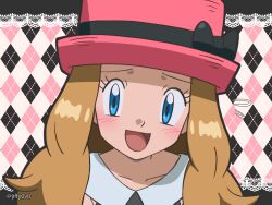 Rule 34 | 1girl, :d, argyle, argyle background, argyle clothes, blonde hair, blue eyes, blush, collared shirt, commentary, creatures (company), eyelashes, flying sweatdrops, game freak, hat, jiffy0v0, long hair, looking at viewer, nintendo, open mouth, pink hat, pokemon, pokemon (anime), pokemon xy (anime), portrait, serena (pokemon), shirt, smile, solo, tongue