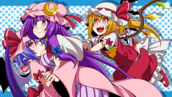 Rule 34 | 3girls, :/, :d, ascot, bat wings, blonde hair, blue hair, blush, bow, breasts, colorized, crescent, eichi yuu, flandre scarlet, hat, long hair, long sleeves, medium breasts, multiple girls, one eye closed, open mouth, patchouli knowledge, pointy ears, purple eyes, purple hair, pushing, red eyes, remilia scarlet, short hair, smile, touhou, wavy mouth, wings, wink