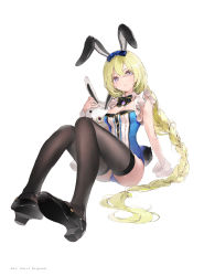 Rule 34 | 1girl, animal ears, arm support, black footwear, black thighhighs, blonde hair, blue eyes, bow, braid, breasts, buttons, cleavage, closed mouth, detached collar, dsmile, fake animal ears, fake tail, fingernails, full body, gold trim, highres, holding, leotard, long hair, original, page number, rabbit ears, rabbit tail, shoes, simple background, single braid, sitting, sleeveless, small breasts, solo, stuffed animal, stuffed toy, tail, thighhighs, thighs, white background, wrist cuffs