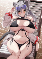 Rule 34 | 1girl, absurdres, adjusting eyewear, animal ears, arknights, beach chair, bikini, black bikini, blush, breasts, cat ears, cat tail, day, from above, grey hair, high ponytail, highres, huge breasts, kokihanada, legs together, long sleeves, looking at viewer, navel, open mouth, outdoors, puffy long sleeves, puffy sleeves, schwarz (arknights), sitting, sunglasses, swimsuit, tail, thigh gap, thighs