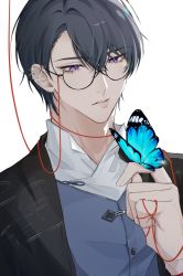 Rule 34 | 1boy, bishounen, black jacket, blue butterfly, bug, butterfly, earrings, eyewear strap, formal, fujik0, glasses, highres, insect, jacket, jewelry, lips, long sleeves, marius von hagen (tears of themis), open mouth, purple eyes, purple hair, short hair, simple background, solo, string, string of fate, tears of themis, white background