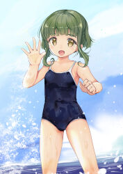Rule 34 | 1girl, absurdres, blue one-piece swimsuit, blunt bangs, bob cut, braid, breasts, brown eyes, competition school swimsuit, feet out of frame, green hair, highres, horizon, kantai collection, one-piece swimsuit, school swimsuit, short hair, sidelocks, small breasts, solo, standing, swimsuit, takanami (kancolle), thick eyebrows, water, waving, wet, wet clothes, wet swimsuit, yashin (yasinz)