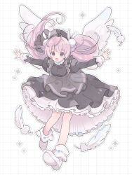 Rule 34 | 1girl, angel wings, black dress, black hat, breasts, commentary, dress, feathers, grid background, hair ornament, hat, highres, juliet sleeves, layered dress, leaning forward, long hair, long sleeves, looking at viewer, medium breasts, misha (pita ten), open mouth, outline, outstretched arms, pink hair, pita ten, poche (opochepoche), puffy sleeves, rabbit hair ornament, simple background, smile, solo, sparkle, spread arms, two side up, white background, white dress, white footwear, white wings, wings