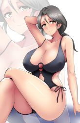Rule 34 | 1girl, arm behind head, arm support, arm up, bikini, blush, breasts, cleavage, clothing cutout, covered erect nipples, crossed legs, freckles, girls und panzer, grey hair, hifumi hajime, highres, large breasts, long hair, looking at viewer, o-ring, o-ring bikini, piyotan (girls und panzer), ponytail, sitting, solo, swimsuit, yellow eyes