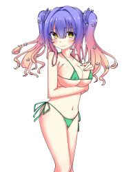 Rule 34 | 1girl, 3:, arm under breasts, bare arms, bikini, blue hair, blunt bangs, blush, breasts, cleavage, closed mouth, commentary request, commission, curvy, eyes visible through hair, feet out of frame, flower, gradient hair, green bikini, hair between eyes, hair flower, hair intakes, hair ornament, halterneck, hand on own chest, hand up, highres, kohibari kurumi, large breasts, long hair, looking at viewer, micro bikini, multicolored hair, navel, nzuwaiganin, orange hair, pink flower, pink hair, shy, side-tie bikini bottom, simple background, skeb commission, solo, standing, swimsuit, tenshi souzou re-boot!, tsurime, twintails, white background, yellow eyes