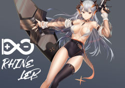 Rule 34 | 1girl, absurdres, arknights, bare shoulders, black choker, black thighhighs, breasts, brown eyes, chinese commentary, choker, collarbone, commentary request, covered navel, detached sleeves, earrings, feet out of frame, gluteal fold, grey background, gun, hand up, highres, holding, holding gun, holding weapon, horns, jewelry, large breasts, long hair, looking at viewer, nail polish, one-piece swimsuit, orange nails, rhine lab logo, saria (arknights), see-through, see-through sleeves, shield, silver hair, simple background, single thighhigh, solo, swimsuit, tail, thighhighs, thighs, weapon, xo (xo17800108)