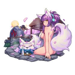 Rule 34 | 10s, 1boy, 1girl, absurdres, animal ear fluff, animal ears, arm at side, ass, back, binoculars, blush, breasts, blowing bubbles, butt crack, character request, choko (cup), closed mouth, commentary request, covering privates, cup, daji (monster strike), dark-skinned male, dark skin, facial mark, forehead mark, fox, fox ears, fox girl, fox tail, from behind, full moon, green eyes, hei niao, hiding, highres, holding, holding towel, long hair, looking at viewer, looking back, medium breasts, mixed-sex bathing, monster strike, moon, night, nude cover, onsen, peeking, pervert, petals, ponytail, purple eyes, shared bathing, shoulder blades, sideboob, sidelocks, smile, soaking feet, solo focus, sparkle, steam, stone, stone lantern, tail, tokkuri, towel, towel on head, tray, water