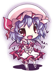 Rule 34 | 1girl, ascot, bat (animal), bat wings, bloomers, blue brooch, brooch, chibi, collared shirt, frilled shirt collar, frilled skirt, frills, full body, hat, hat ribbon, jewelry, looking at viewer, lumine (2339), mary janes, medium hair, mob cap, no socks, open mouth, pink hat, pink shirt, pink skirt, puffy short sleeves, puffy sleeves, purple hair, red ascot, red eyes, red footwear, red ribbon, remilia scarlet, ribbon, shadow, shirt, shoes, short sleeves, simple background, skirt, solo, touhou, underwear, v arms, white background, white bloomers, wings, wrist cuffs