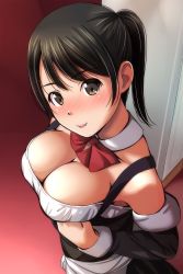 Rule 34 | 1girl, absurdres, black hair, black sleeves, blush, bow, bowtie, breasts, brown eyes, cleavage, detached sleeves, gradient background, highres, long sleeves, looking at viewer, matsunaga kouyou, open mouth, original, ponytail, red background, red bow, red bowtie, short hair, smile, solo