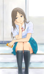 Rule 34 | 1girl, black socks, blue skirt, brown eyes, brown hair, closed mouth, collared shirt, commentary request, feet out of frame, frown, head rest, head tilt, hi iro, holding, indoors, juice box, legs together, looking away, original, pleated skirt, school uniform, shirt, sitting, skirt, socks, solo, stairs, uniform, white shirt, wing collar
