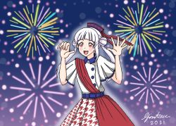 Rule 34 | 1girl, arashi chisato, artist name, artist request, belt, blue belt, blue hat, blue sky, blush, breasts, buttons, cloud, collared shirt, double bun, dress, dress shirt, female focus, firework background, fireworks, hair bun, hair ribbon, hat, highres, layered skirt, long hair, looking at viewer, love live!, love live! school idol festival, love live! superstar!!, mini hat, miniskirt, nail, nail polish, night, night sky, parted lips, pink nails, pink ribbon, plaid, plaid skirt, pleated, pleated skirt, red eyes, red sash, red skirt, ribbon, sash, shirt, short sleeves, single sidelock, skirt, sky, small breasts, smile, solo, start!! true dreams (love live!), twintails, two-tone skirt, white hair, white shirt, white skirt, wrist ribbon