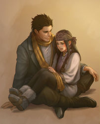 Rule 34 | 10s, 1boy, 1girl, ainu, ainu clothes, asirpa, bad id, bad pixiv id, bandana, black hair, black legwear, blue eyes, blush, boots, brown background, brown eyes, brown hair, coat, earrings, embarrassed, fur boots, golden kamuy, hoop earrings, indian style, jewelry, crossed legs, long hair, long sleeves, looking at another, manly, mprichin, no headwear, no headwear, open mouth, pants, scar, scar on face, scarf, scarf grab, shirt, short hair, simple background, sitting, sitting on lap, sitting on person, smile, sugimoto saichi, wavy hair