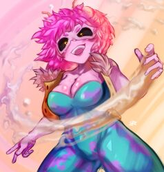 Rule 34 | 1girl, absurdres, ashido mina, bare shoulders, black sclera, blue bodysuit, bodysuit, boku no hero academia, breasts, cleavage, collarbone, colored sclera, colored skin, cropped jacket, eye mask, fur-trimmed jacket, fur trim, highres, jacket, large breasts, looking at viewer, official alternate costume, onimiere, open clothes, open jacket, open mouth, orange jacket, pink hair, pink skin, shiny skin, short hair, slime (substance), solo