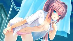 1girl bent_over blue_eyes blush breasts dress_shirt female_focus game_cg hair_intakes kimi_to_yumemishi laundry long_hair looking_at_viewer navel night nishizaki_yui open_clothes open_shirt panties panty_pull parted_lips pink_panties ponytail red_hair seductive_smile shimofuri shirt smile solo underwear very_long_hair