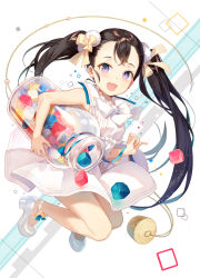 Rule 34 | 1girl, :d, aqua ribbon, black hair, blush, dress, forehead, full body, gilse, hand up, holding, jar, knees together feet apart, long hair, looking at viewer, open mouth, original, platform footwear, ribbon, sailor collar, sailor dress, silver shoes, sleeveless, sleeveless dress, smile, solo, twintails, white dress