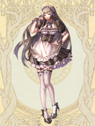 Rule 34 | apron, black footwear, breasts, brown hair, commission, dairoku ryouhei, frills, full body, garter straps, grin, hair ornament, hand on own hip, hand up, jewelry, long hair, looking at viewer, maid, maid apron, medium breasts, muramatu0226, puffy short sleeves, puffy sleeves, red eyes, ring, short sleeves, smile, solo, standing, thighhighs, very long hair, white thighhighs
