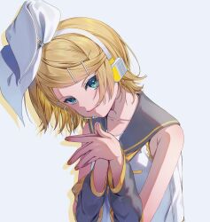 Rule 34 | 1girl, absurdres, blonde hair, blue eyes, collarbone, commentary, detached sleeves, hair ornament, hair ribbon, hairclip, head tilt, headset, highres, inu8neko, kagamine rin, looking at viewer, own hands together, ribbon, short hair, simple background, smile, vocaloid, white background, white ribbon, yellow nails