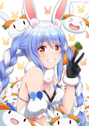 Rule 34 | 1girl, animal ears, bare shoulders, black gloves, blue hair, braid, breasts, carrot, carrot hair ornament, cleavage, commentary request, detached sleeves, extra ears, food-themed hair ornament, fur-trimmed gloves, fur collar, fur trim, gloves, grin, hair ornament, hand up, highres, hololive, ken-ji, long braid, long hair, multicolored hair, puffy short sleeves, puffy sleeves, rabbit ears, scarf, short sleeves, small breasts, smile, twin braids, two-tone hair, usada pekora, usada pekora (1st costume), virtual youtuber, w, white hair