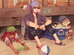 Rule 34 | 2boys, 2girls, ball, balthus von albrecht, beachball, blonde hair, bottle, blowing bubbles, chewing gum, constance von nuvelle, crab, dark skin, drinking straw, earrings, fire emblem, fire emblem: three houses, hapi (fire emblem), hat, jewelry, knees up, lying, multiple boys, multiple girls, necklace, nintendo, on stomach, open mouth, purple hair, red eyes, red hair, sandals, short hair, short sleeves, sitting, sunglasses, terrifiedmouse, yuri leclerc