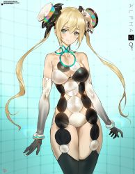 Rule 34 | 1girl, alpha go, alphago, black thighhighs, blonde hair, blush, breasts, bright pupils, character name, cleavage cutout, clothing cutout, cowboy shot, elbow gloves, gloves, google, green eyes, hair ornament, light smile, long hair, looking at viewer, mecha musume, medium breasts, neon trim, personification, revealing clothes, signature, solo, thighhighs, twintails, yd (orange maru)