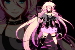 Rule 34 | 1girl, bare shoulders, blue eyes, braid, grin, ia (vocaloid), long hair, looking at viewer, microphone stand, pink hair, sesyamo, single thighhigh, skirt, smile, solo, thighhighs, twin braids, very long hair, vocaloid, zoom layer