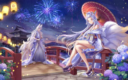 Rule 34 | 1boy, 1girl, achyue, animal ears, arm tattoo, bare shoulders, bridge, chinese commentary, comb, commentary request, copyright request, fireworks, flower, fox ears, fox tail, hair ornament, highres, hydrangea, kitsune, lantern, crossed legs, long hair, looking at viewer, mole, mole under eye, multiple tails, night, obi, off shoulder, oil-paper umbrella, on railing, partial commentary, platform footwear, railing, red eyes, sash, silver hair, tail, tattoo, umbrella, very long hair, wide sleeves