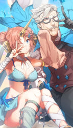 Rule 34 | 1boy, 1girl, bandages, bikini, blue eyes, breasts, closed eyes, commentary request, detached sleeves, facial hair, fate/apocrypha, fate/grand order, fate (series), frankenstein&#039;s monster (fate), frankenstein&#039;s monster (swimsuit saber) (fate), frankenstein&#039;s monster (swimsuit saber) (second ascension) (fate), glasses, gloves, grey hair, hair ornament, hairclip, heterochromia, highres, horns, james moriarty (archer) (fate), medium breasts, mustache, navel, no-kan, pink hair, single horn, skirt, sweat, swimsuit, v, yellow eyes