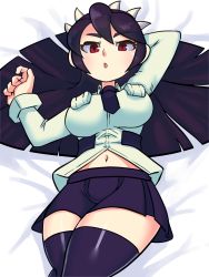 Rule 34 | 1girl, absurdres, arm above head, arms up, bed, black hair, cowboy shot, filia (skullgirls), highres, legs together, long hair, looking at viewer, lying, navel, necktie, painting fish, parted lips, pleated skirt, pursed lips, red eyes, school uniform, skirt, skullgirls, slit pupils, solo, thighhighs