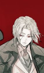 Rule 34 | 1boy, closed mouth, coat, coat on shoulders, highres, hoshi san 3, kibutsuji muzan, kimetsu no yaiba, looking at viewer, male focus, necktie, red background, red eyes, red theme, short hair, simple background, solo, spot color, upper body, vest