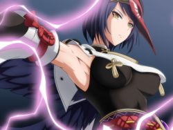 Rule 34 | 1girl, armpits, bare shoulders, black bodysuit, bodysuit, breasts, covered erect nipples, detached sleeves, electricity, feathered wings, feathers, genshin impact, half-closed eyes, kujou sara, large breasts, looking at viewer, makiri akira, mask, mask on head, outstretched arm, short hair, sleeveless, solo, tengu mask, upper body, wide sleeves, wings, yellow eyes