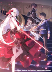 Rule 34 | 1boy, 2girls, backless dress, backless outfit, bare shoulders, black dress, black footwear, black hair, bow, braid, clothes lift, cover, dress, dvd cover, excalibur academy uniform, frilled sleeves, frills, hair bow, high heels, highres, holding, holding knife, holding sword, holding weapon, knife, leonis death magnus, lifted by self, long hair, long sleeves, looking at viewer, maid, maid headdress, multiple girls, official art, parted lips, red bow, red dress, red eyes, riselia ray crystalia, seiken gakuin no maken tsukai, shary corvette, short hair, stairs, standing, sword, thighhighs, toosaka asagi, weapon, white hair, white thighhighs, wide sleeves
