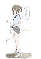 Rule 34 | 1girl, brown eyes, brown hair, clothes lift, lifting own clothes, original, panties, panty pull, peeing, ponytail, puddle, skirt, skirt lift, solo, standing, tiptoes, toilet use, underwear, urinal, urinal use, zagashira