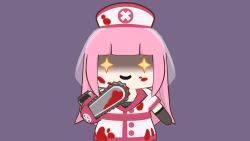 Rule 34 | + +, 1girl, 3d, blood, blood on clothes, blood on face, blood splatter, blunt bangs, chainsaw, chibi, commentary, english commentary, full body, hat, highres, hololive, hololive english, long hair, looking at viewer, mori calliope, nurse, nurse cap, pink hair, purple background, seafoamboy, shaded face, simple background, smile, smol calli, standing, upper body, veil, virtual youtuber, walfie (style), | |