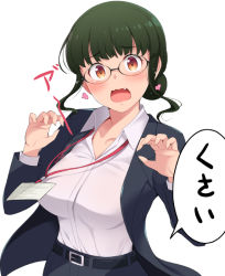 Rule 34 | 1girl, anosillus ii, belt, blush, breasts, brown eyes, fang, formal, green hair, gridman universe, hands up, heart, honda naoki, id card, lanyard, large breasts, looking at viewer, office lady, shirt, solo, speech bubble, ssss.dynazenon, standing, suit, tears, treble clef, white background, white shirt